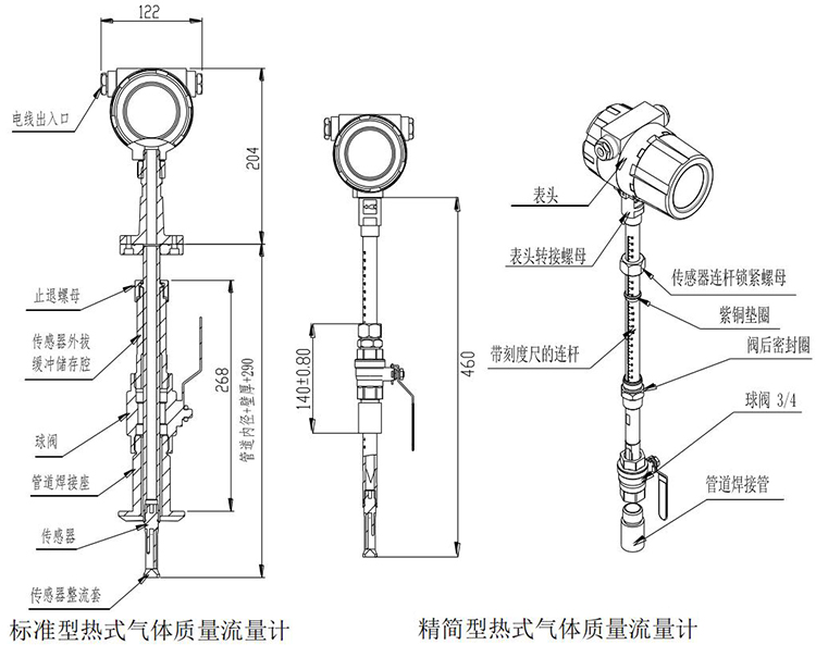 氣體用熱式流量計插入式結(jié)構(gòu)尺寸圖