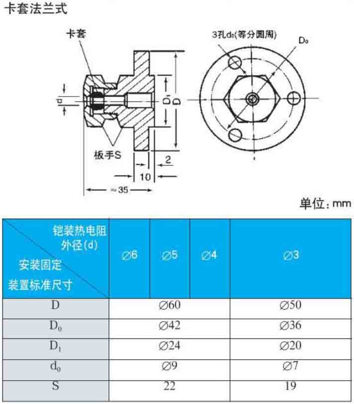 鍋爐熱電阻卡套法蘭式安裝尺寸圖